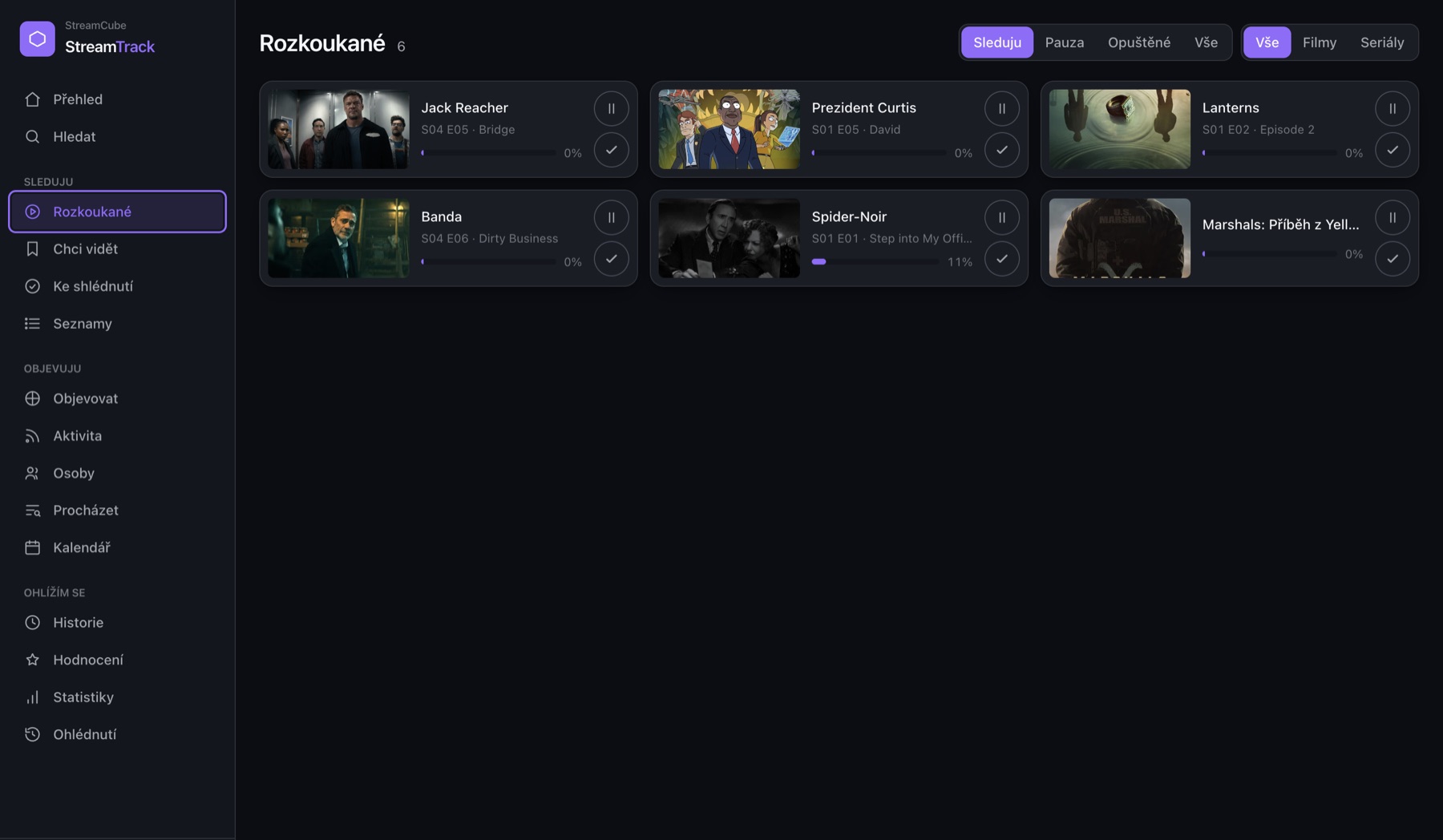Přehled StreamTracku s rozkoukanými filmy a seriály